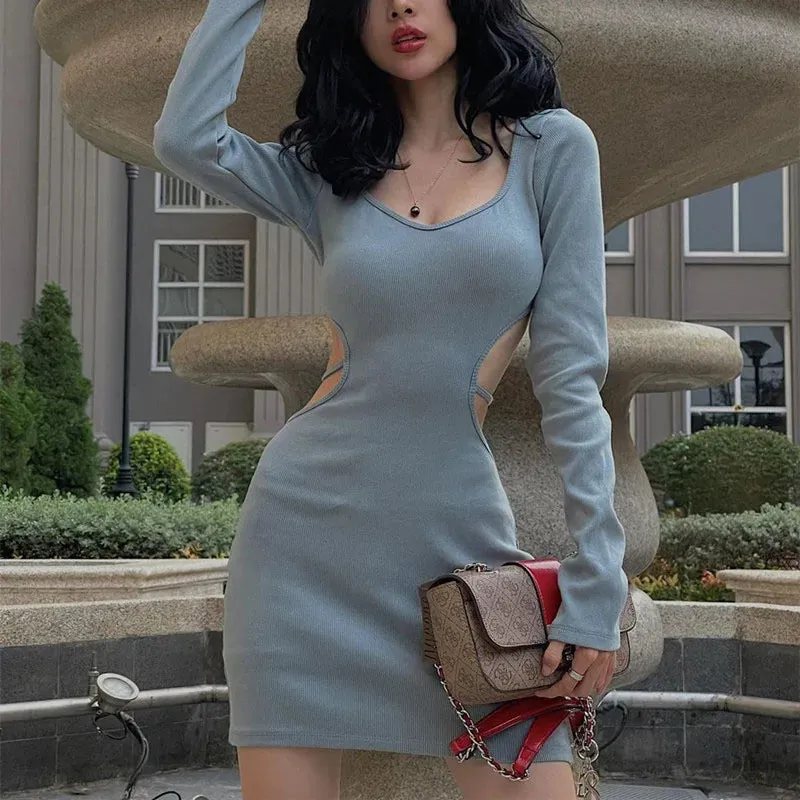Blue Backless V Neck Lace Up Long Sleeve Cut Out Dress - Spring Fashion 2024 Women