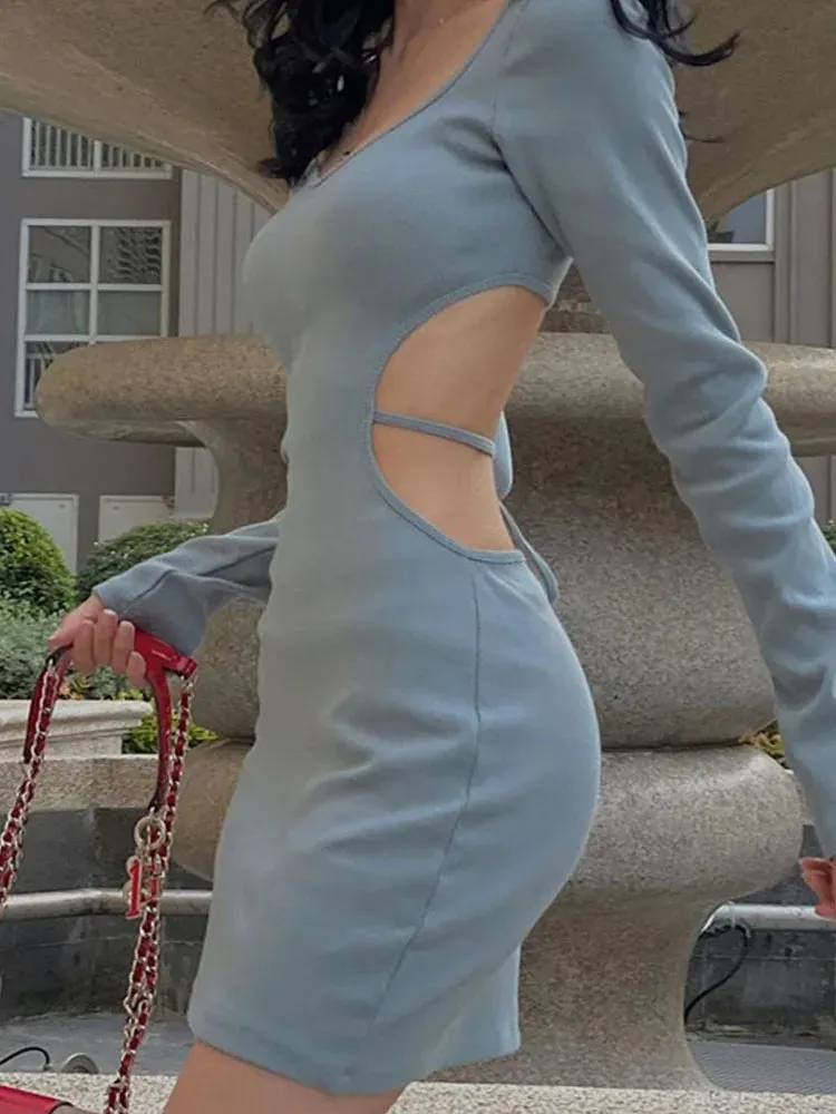 Blue Backless V Neck Lace Up Long Sleeve Cut Out Dress - Spring Fashion 2024 Women