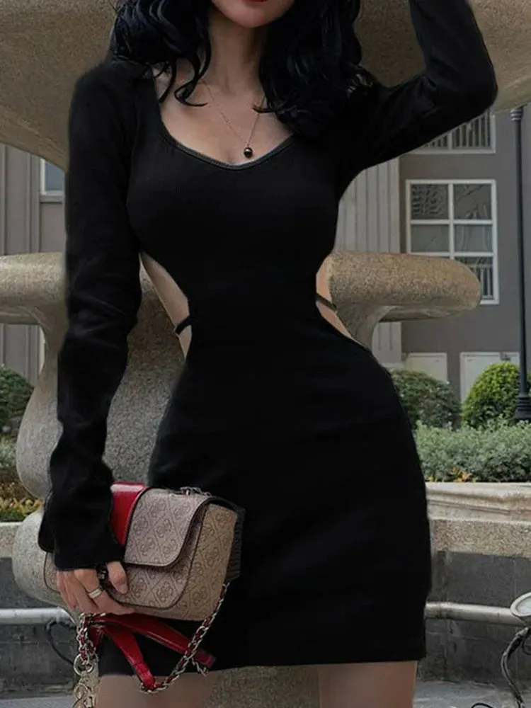 Blue Backless V Neck Lace Up Long Sleeve Cut Out Dress - Spring Fashion 2024 Women