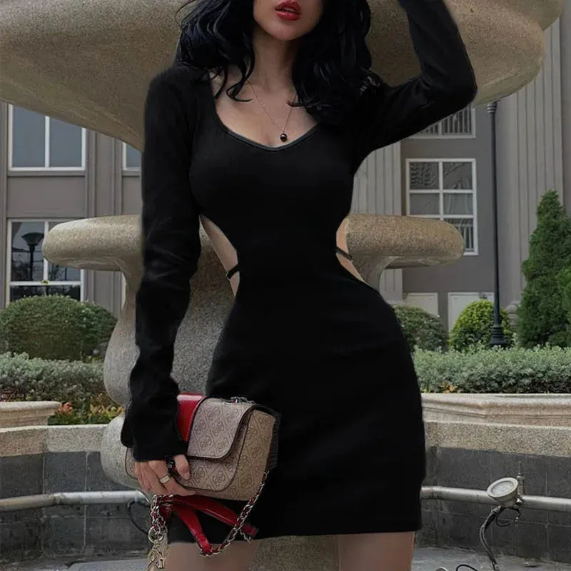 Blue Backless V Neck Lace Up Long Sleeve Cut Out Dress - Spring Fashion 2024 Women