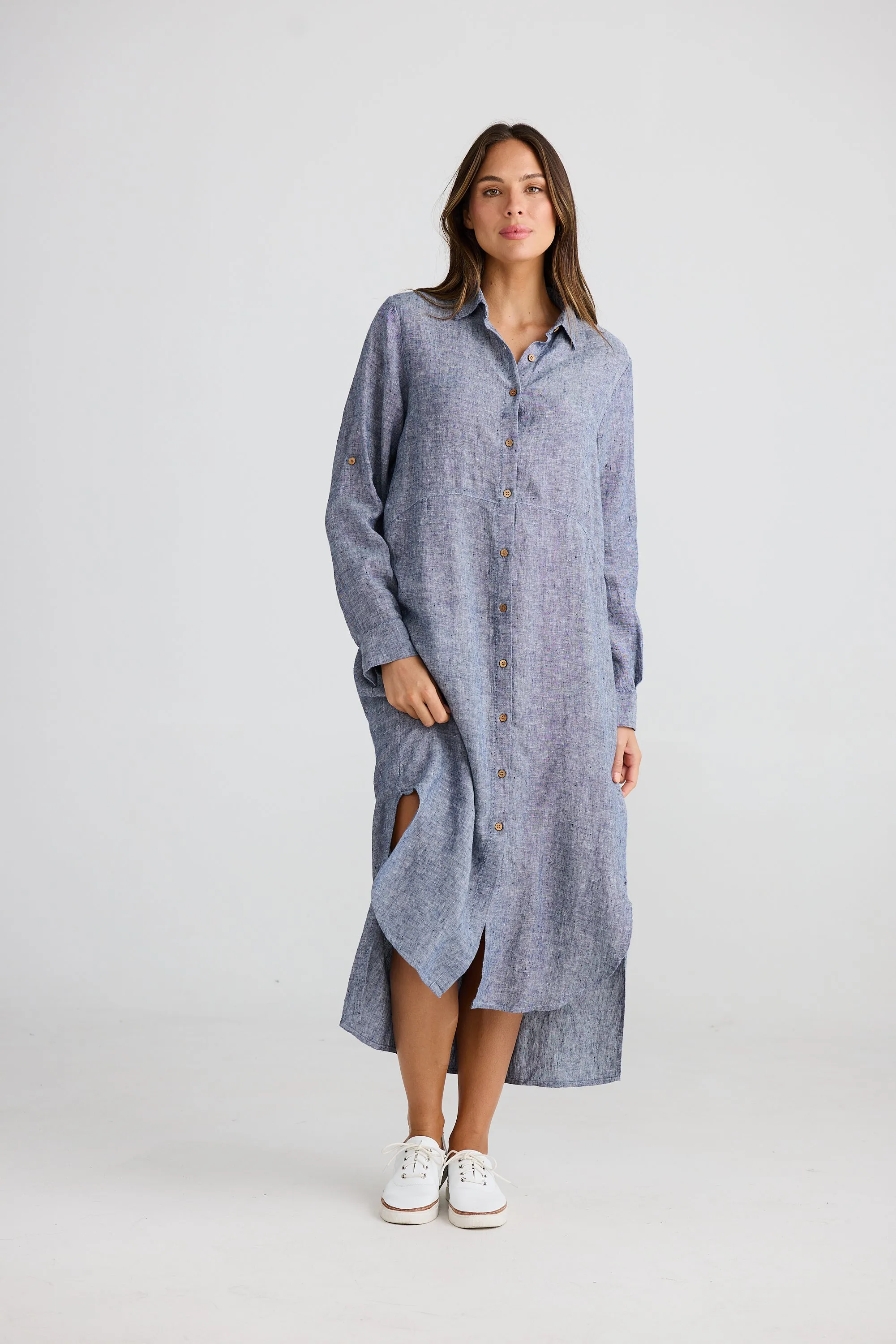 Castro Linen Shirt Dress - Navy Fleck