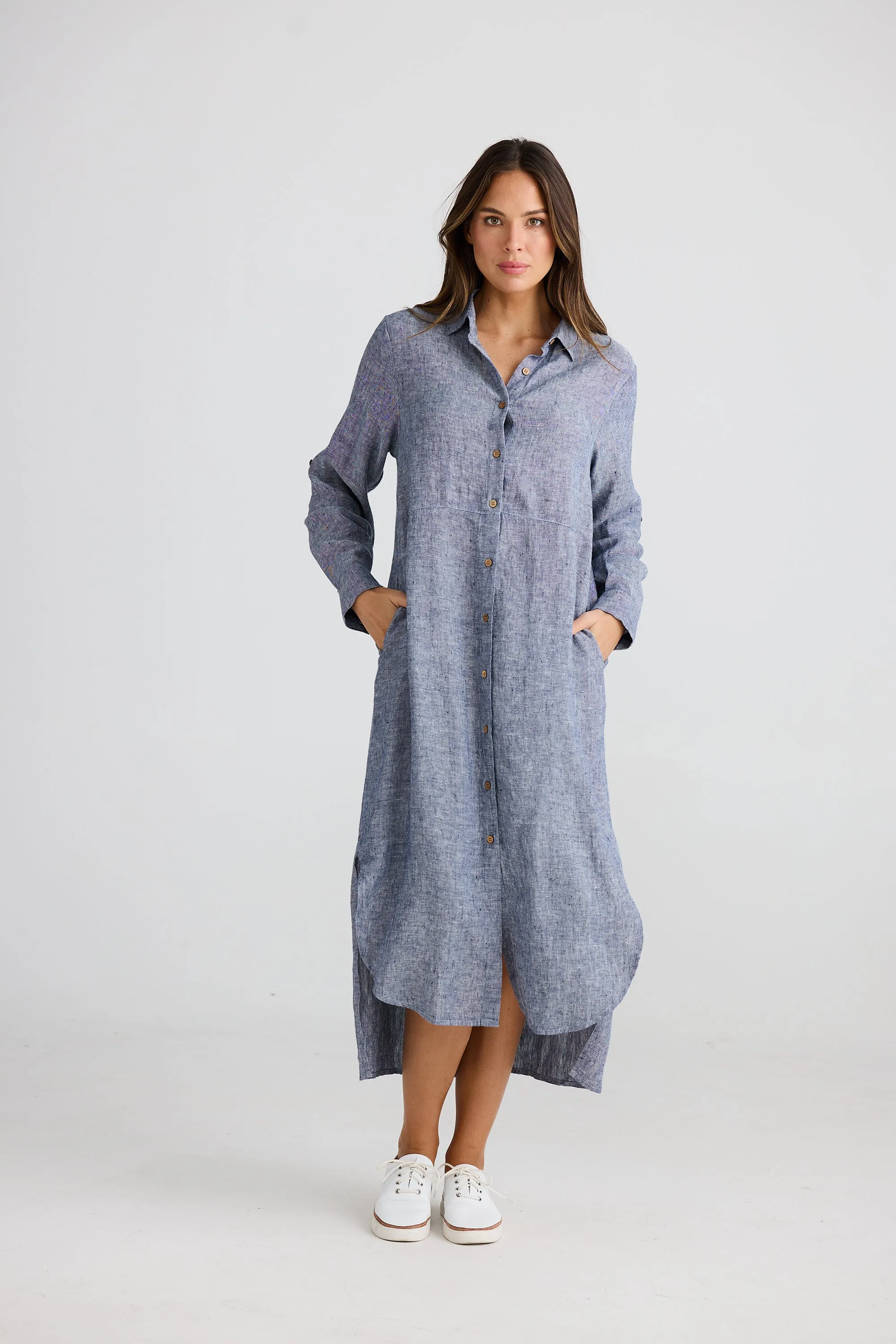 Castro Linen Shirt Dress - Navy Fleck