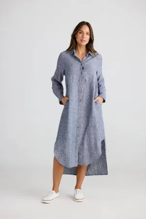 Castro Linen Shirt Dress - Navy Fleck