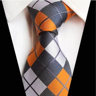 Classy Men Classic Orange Grey Check Silk Tie