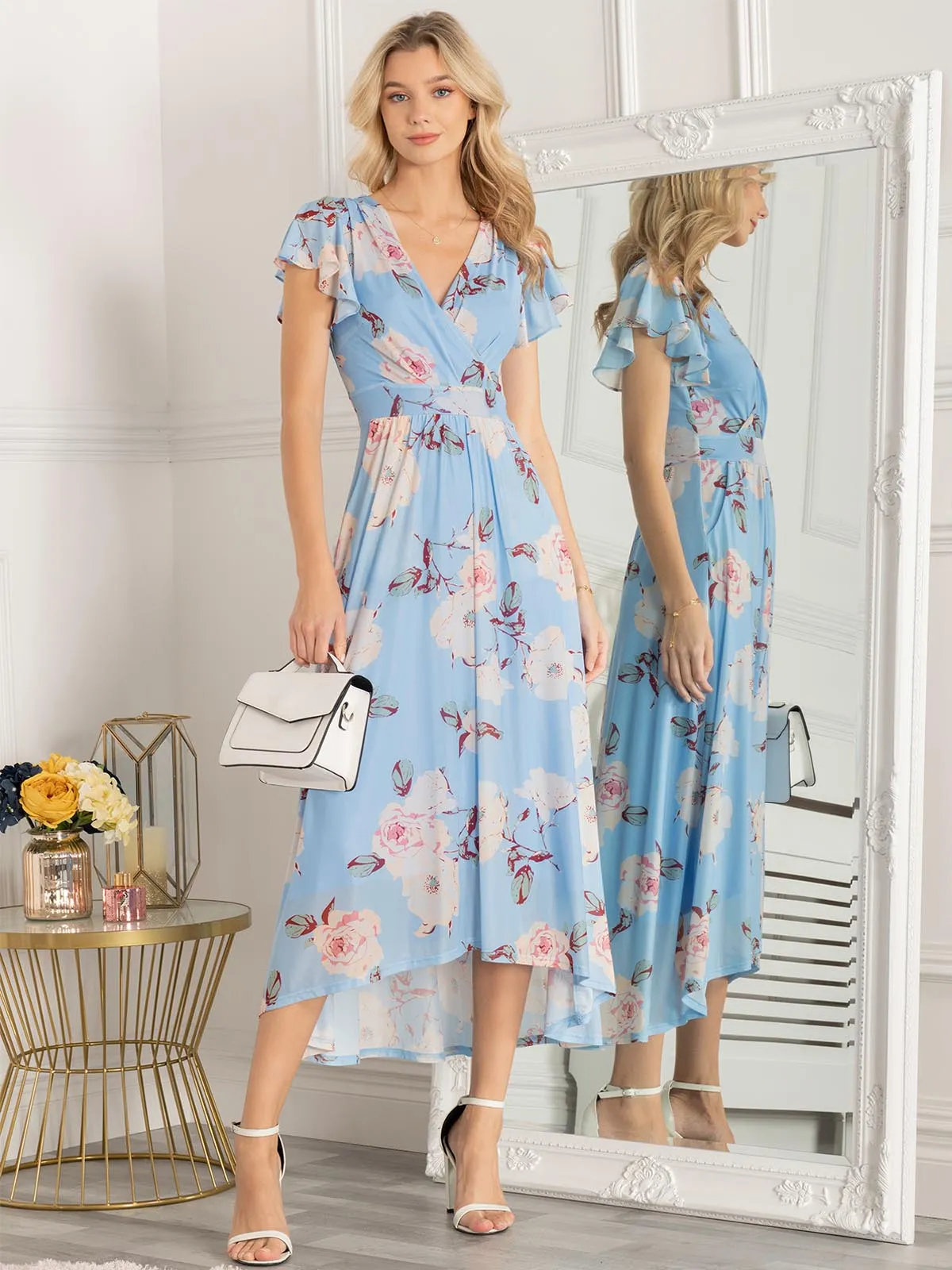 Jolie Moi Eleanor Wrap Mesh Maxi Dress, Blue Multi
