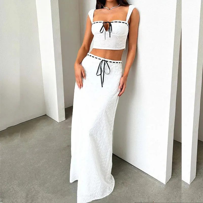 Lace-up Contrasting Sexy Skirts Tops High Waist Half Dresses New Off-shoulder Set