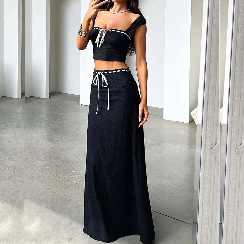 Lace-up Contrasting Sexy Skirts Tops High Waist Half Dresses New Off-shoulder Set