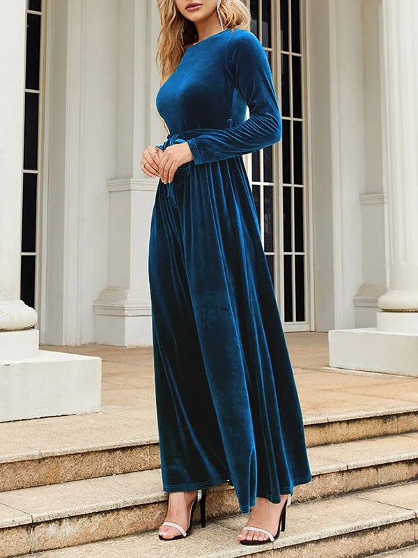 Long Sleeves Wrap Belted Pleated Solid Color Zipper Round-Neck Maxi Dresses