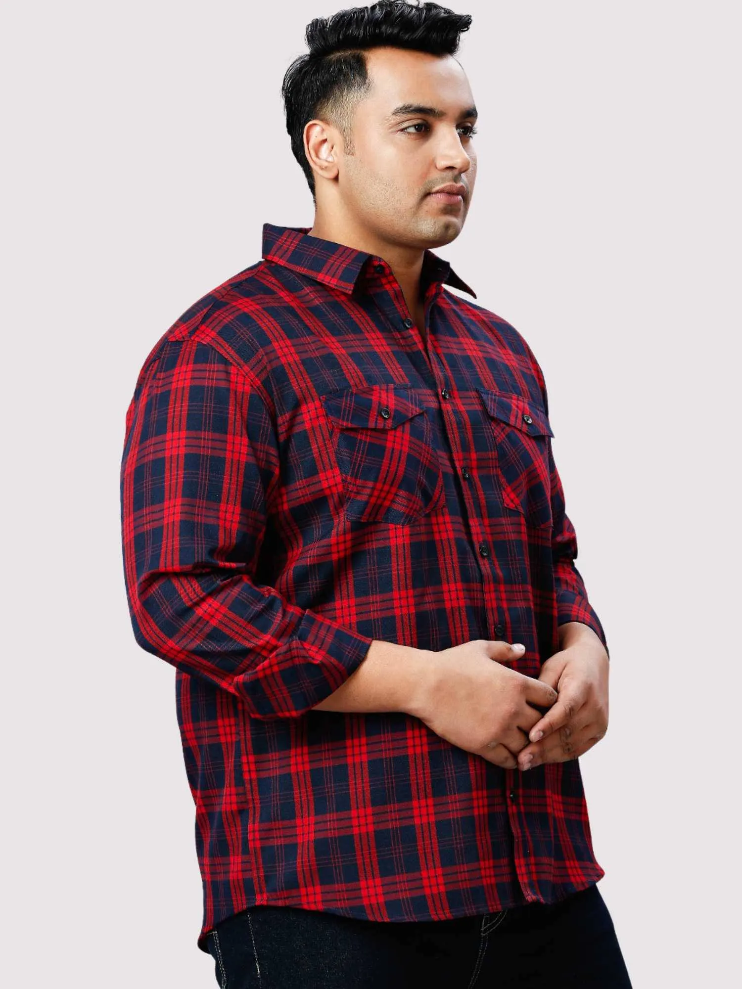 Navy Blue and Red Checkered Double Pocket Full Shirt Men's Plus Size