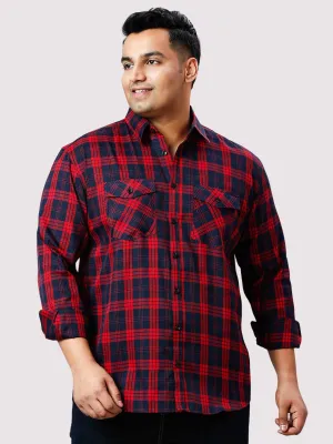 Navy Blue and Red Checkered Double Pocket Full Shirt Men's Plus Size