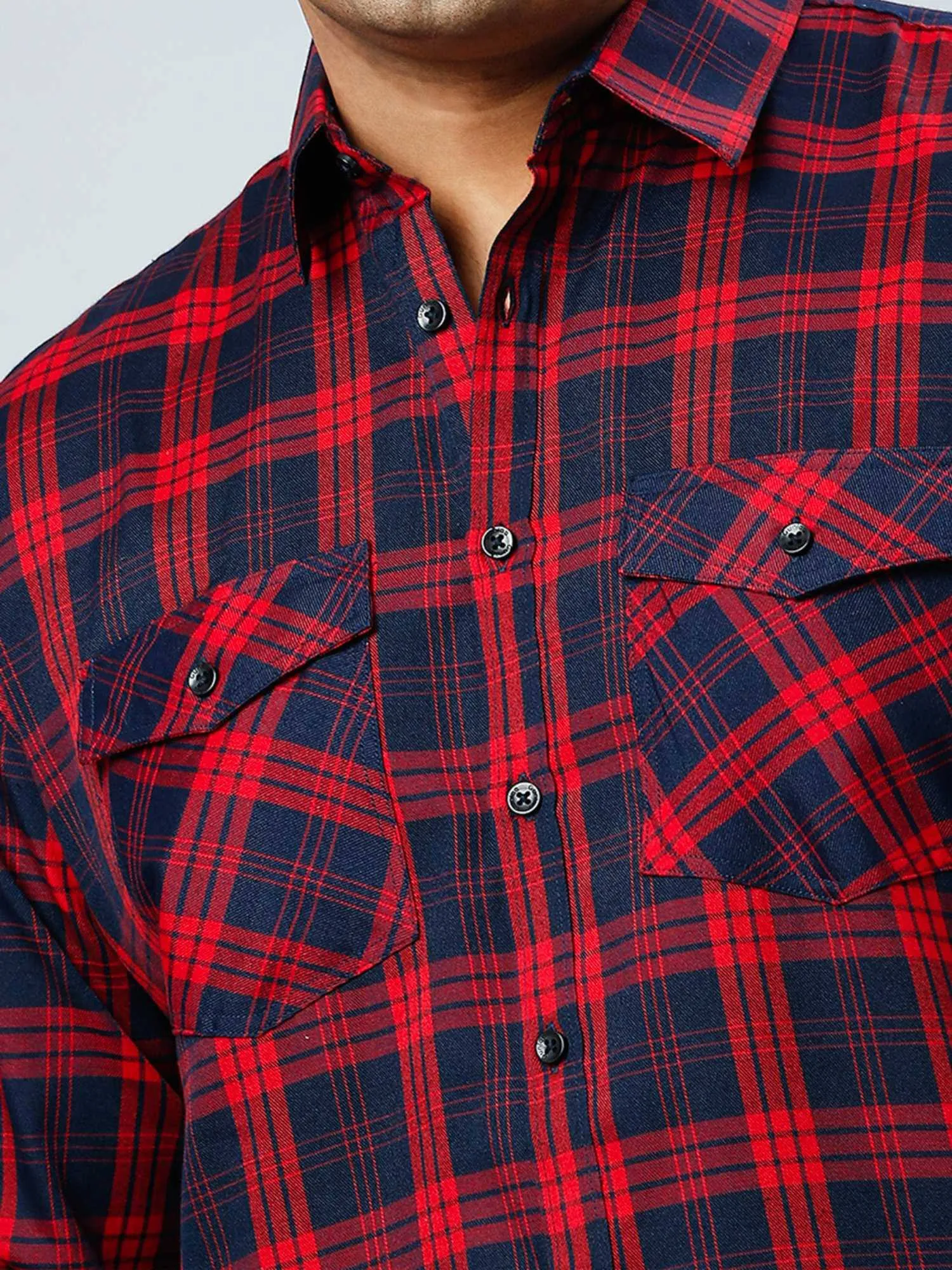 Navy Blue and Red Checkered Double Pocket Full Shirt Men's Plus Size
