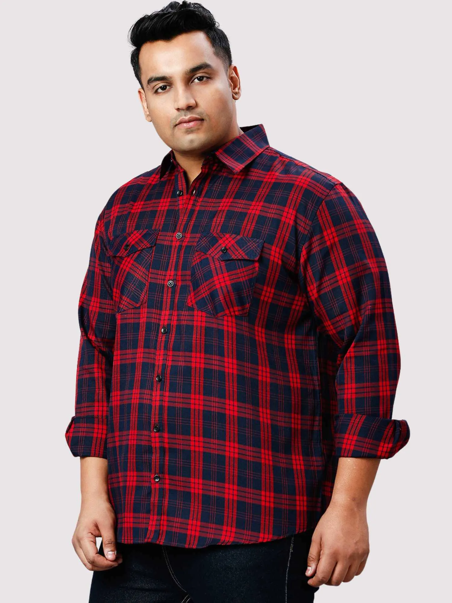 Navy Blue and Red Checkered Double Pocket Full Shirt Men's Plus Size
