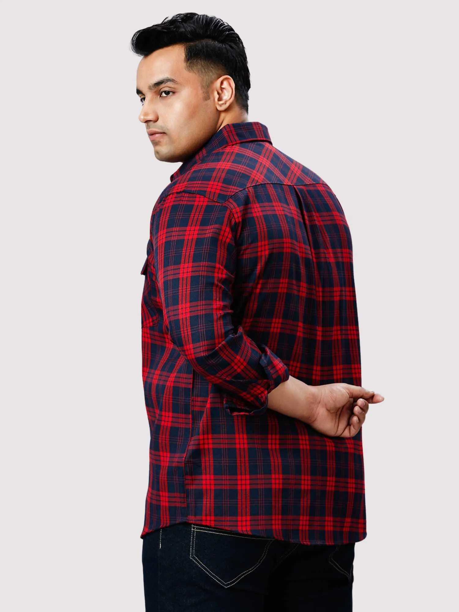 Navy Blue and Red Checkered Double Pocket Full Shirt Men's Plus Size