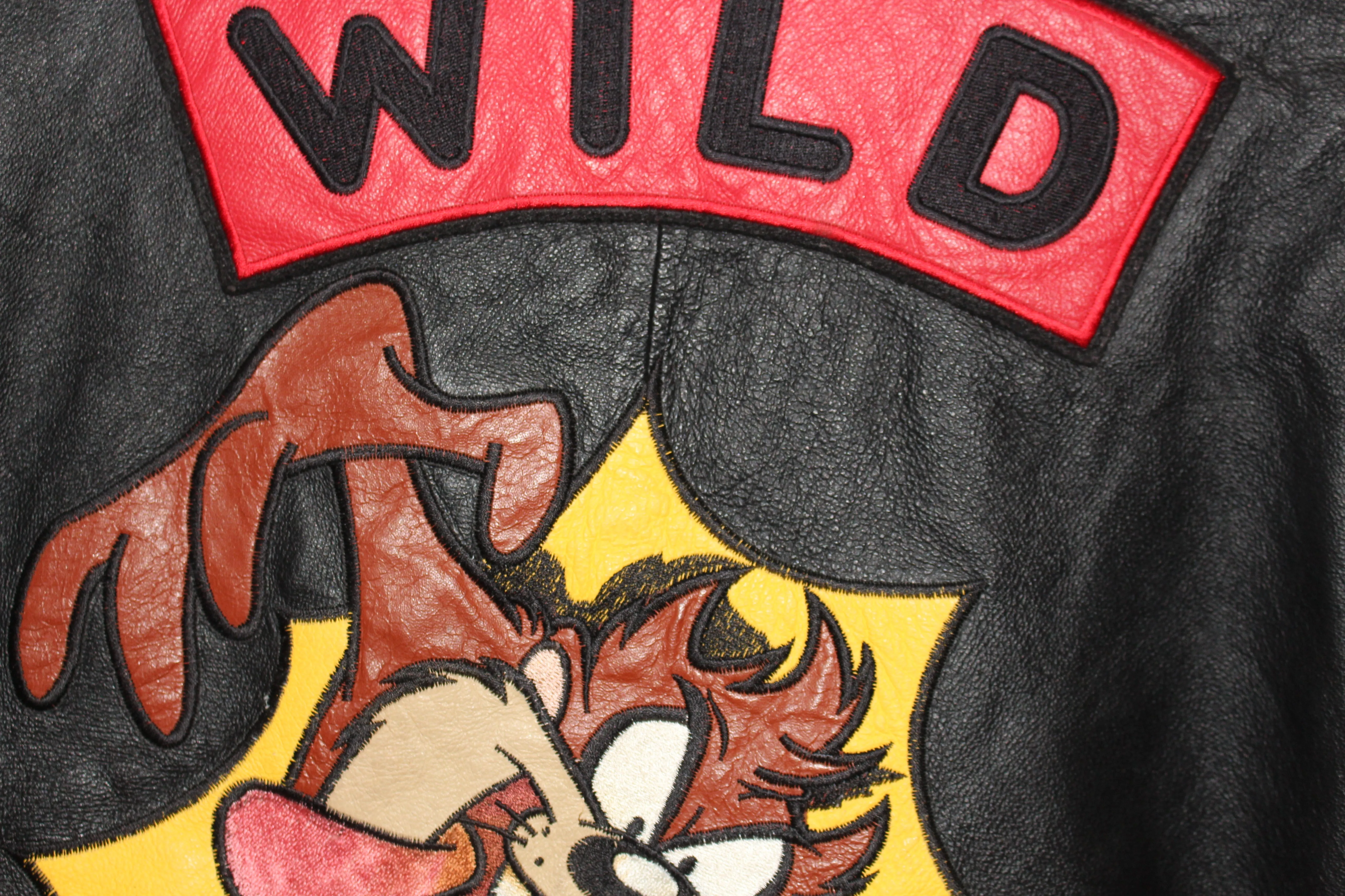 Rare Taz Man Looney Tunes Warner Brother Leather Bomber Jacket (L)