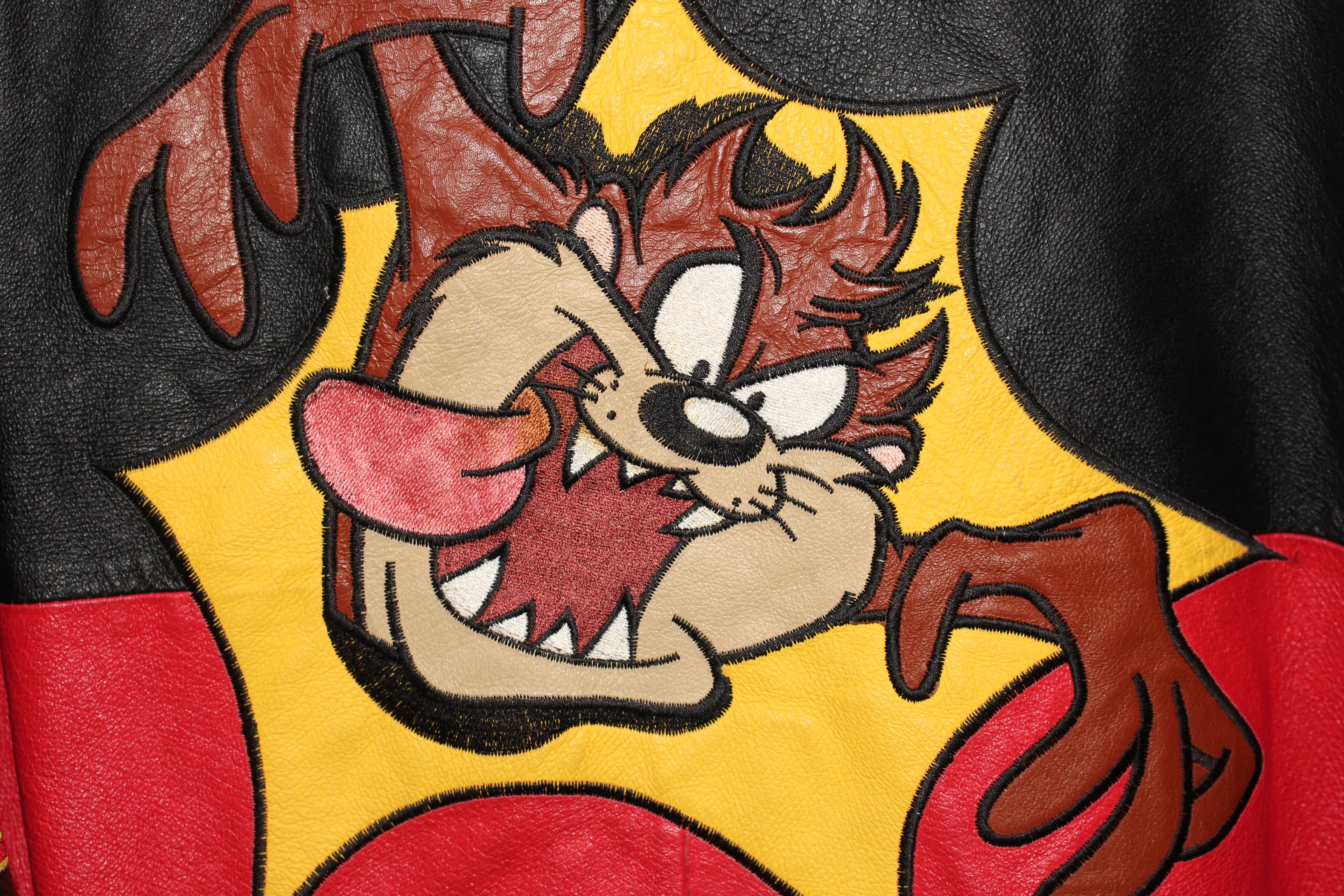 Rare Taz Man Looney Tunes Warner Brother Leather Bomber Jacket (L)