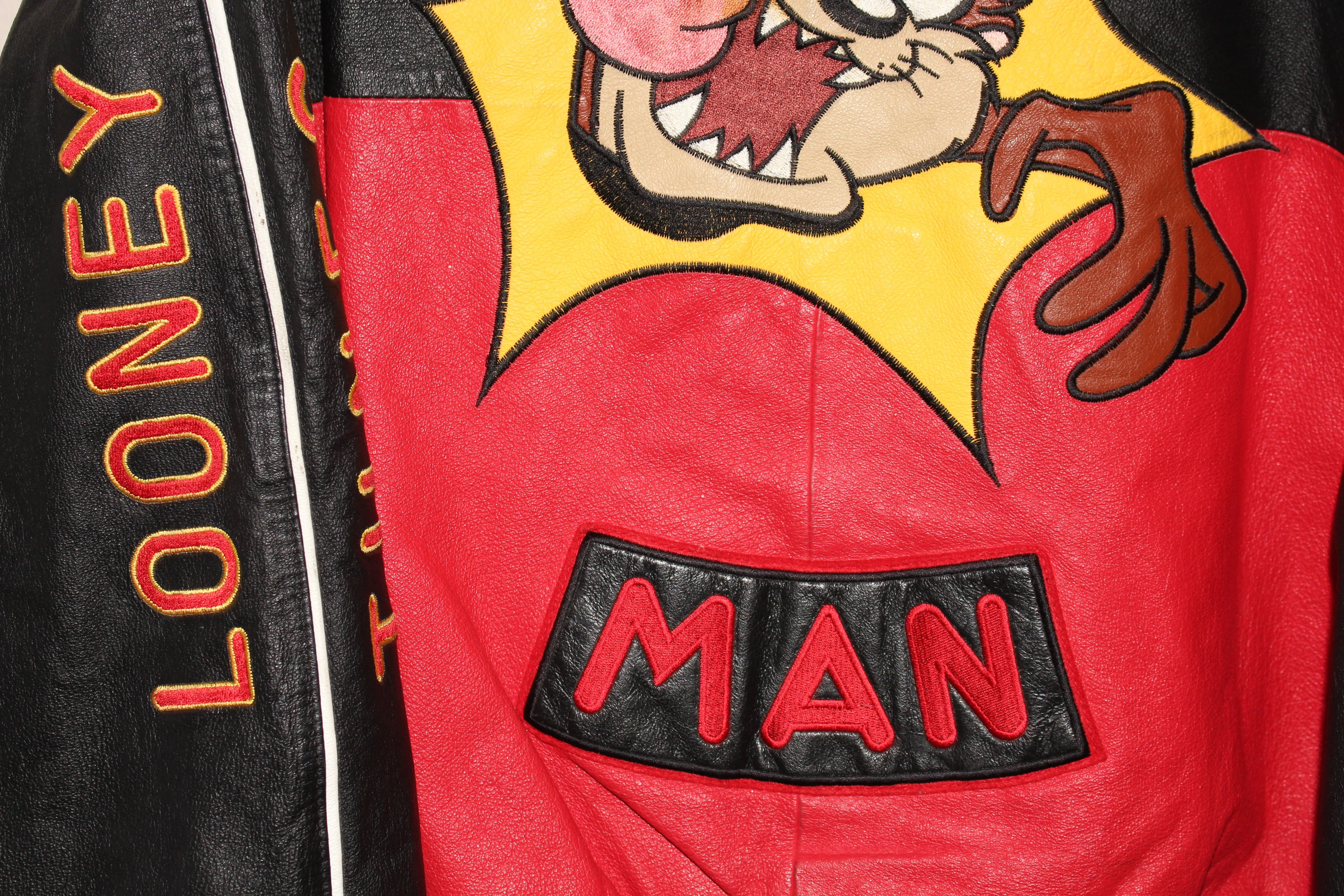 Rare Taz Man Looney Tunes Warner Brother Leather Bomber Jacket (L)