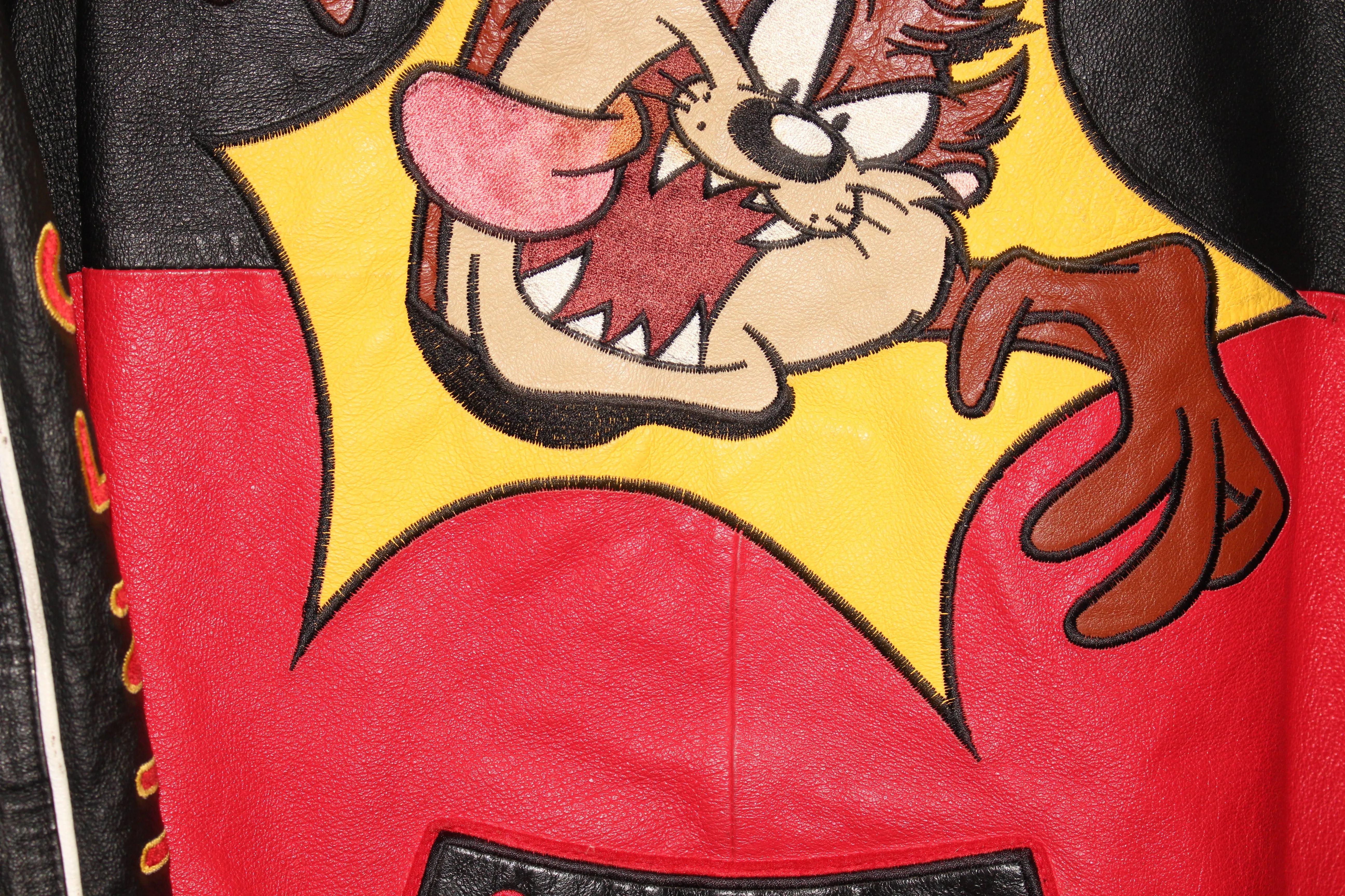 Rare Taz Man Looney Tunes Warner Brother Leather Bomber Jacket (L)