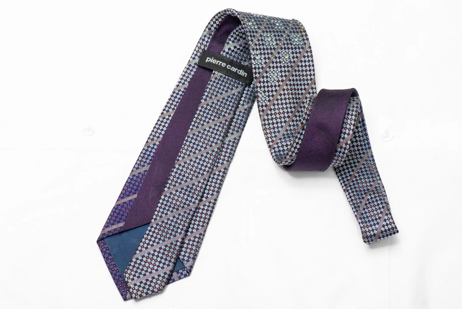 Silver Navy Checkered Rhinestone Silk Necktie With Purple Sparkles