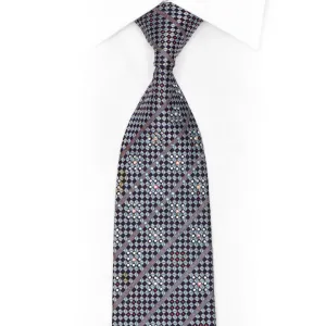 Silver Navy Checkered Rhinestone Silk Necktie With Purple Sparkles