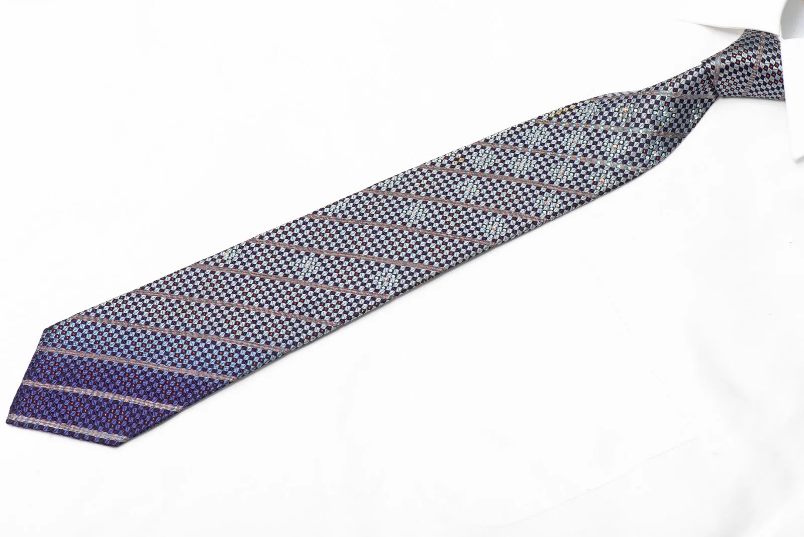 Silver Navy Checkered Rhinestone Silk Necktie With Purple Sparkles
