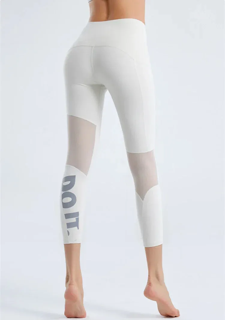 Summer Mesh Stitching Pilates Letter Print Elastic Sports Leggings