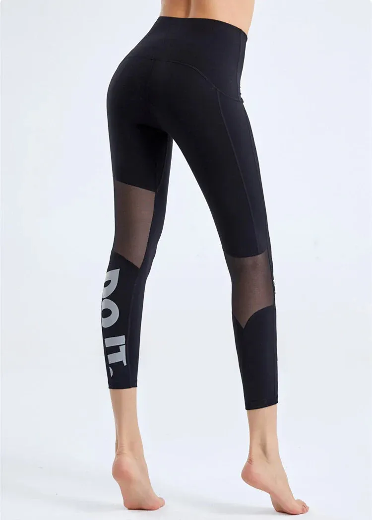 Summer Mesh Stitching Pilates Letter Print Elastic Sports Leggings