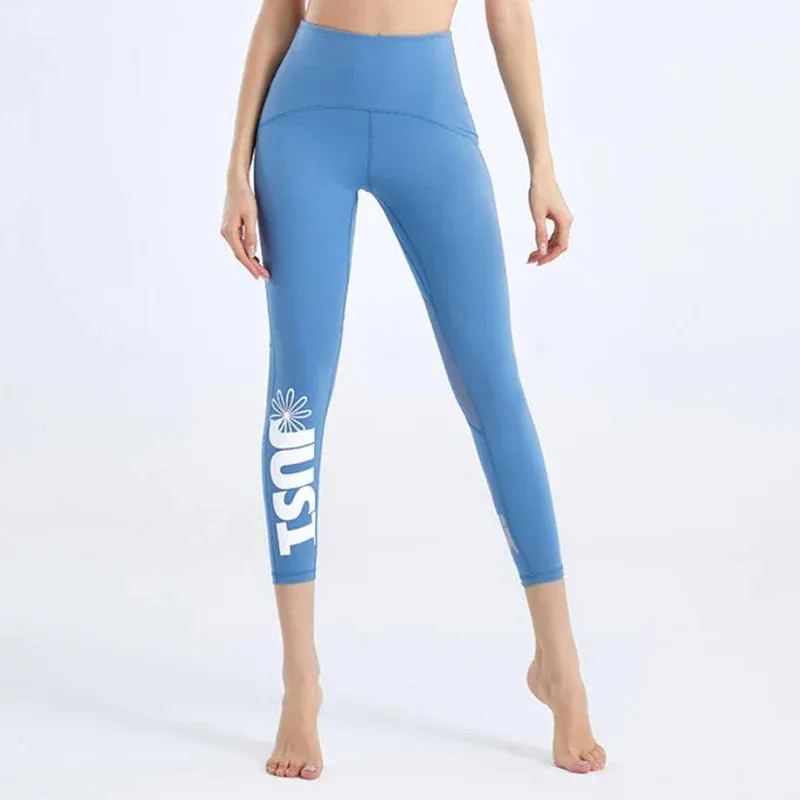 Summer Mesh Stitching Pilates Letter Print Elastic Sports Leggings