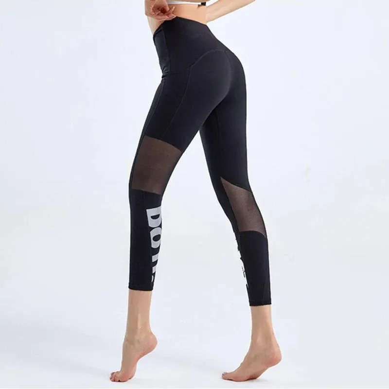 Summer Mesh Stitching Pilates Letter Print Elastic Sports Leggings